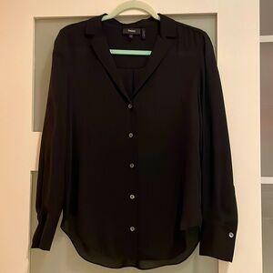 Theory black semi sheer 100% silk long sleeve v neck collar blouse. Size p